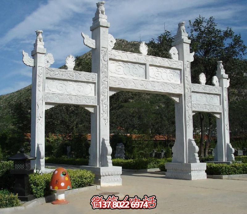 精致園林景觀，漢白玉華表浮雕祥云門(mén)樓石牌坊