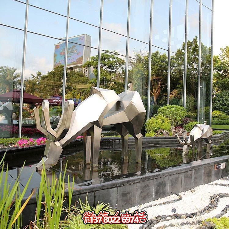 精致雕塑，幾何鏡面不銹鋼鹿，點(diǎn)綴精致水景小品