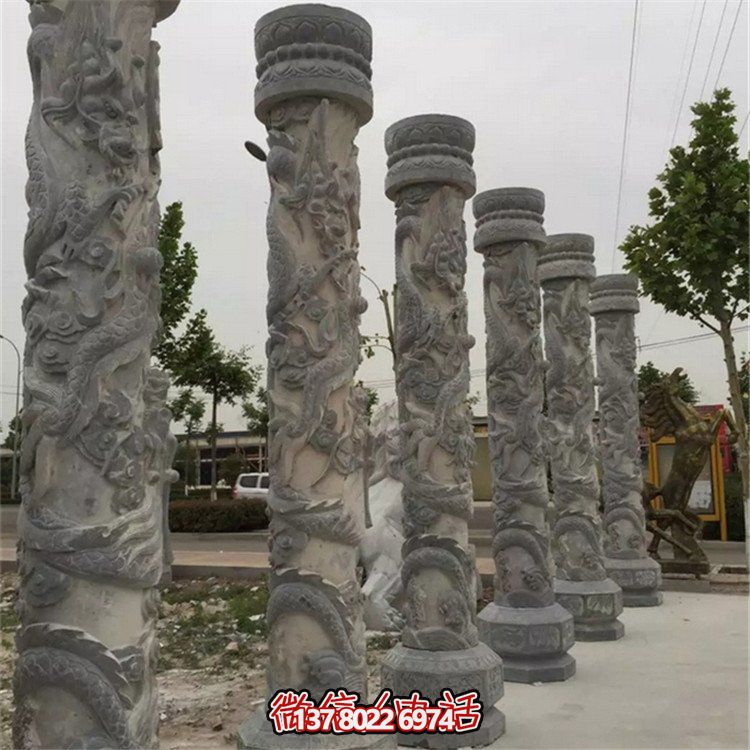 天然大理石浮雕龍盤柱，裝飾園林廣場(chǎng)的精美擺件