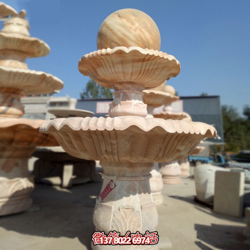 私家庭院風水紅景觀，點綴晚霞夢幻雕塑噴泉
