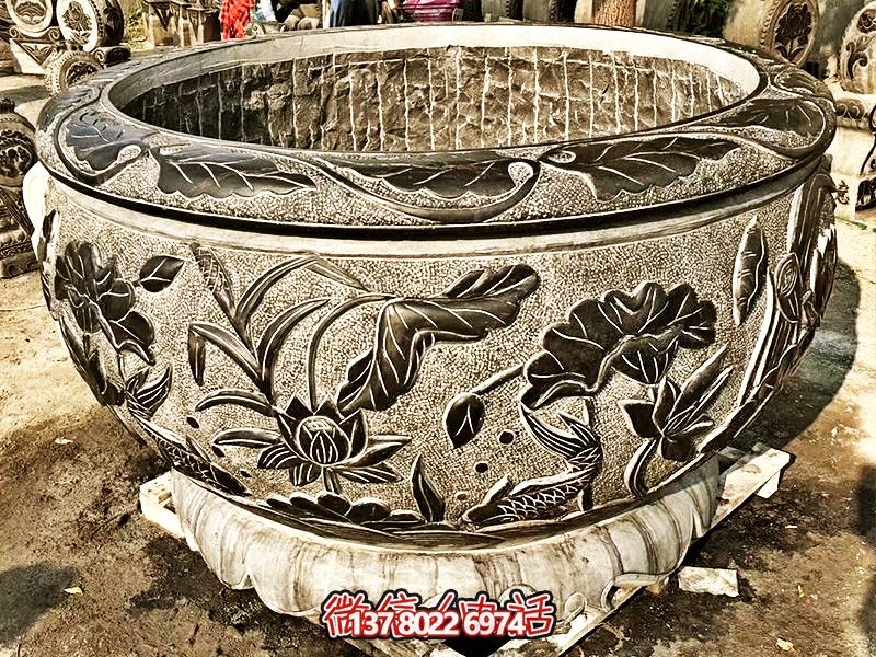 精美大理石浮雕蓮花缸，現(xiàn)代庭院裝飾雕塑