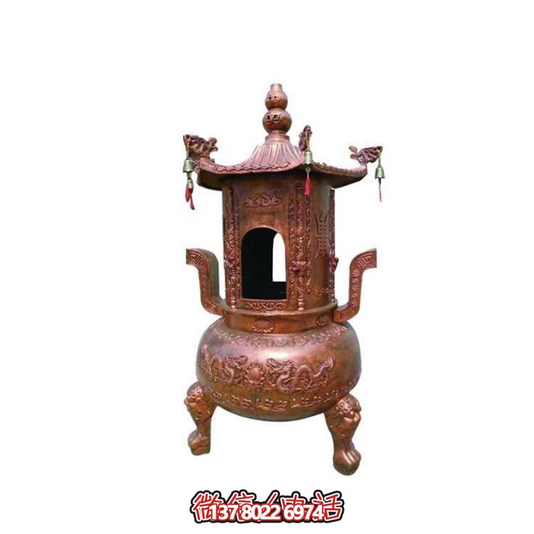 純銅香爐四柱舍利塔，裝飾寺院舍利