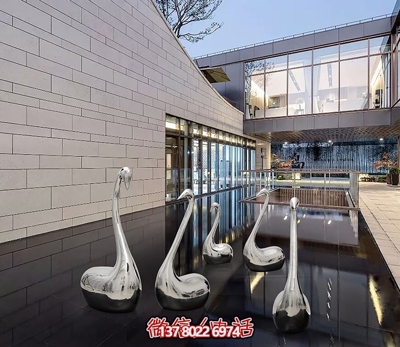 不銹鋼創(chuàng)意天鵝雕塑，鏡面水中裝飾別墅