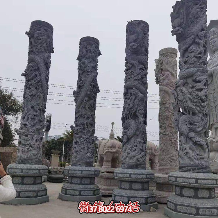 青石浮雕龍柱，精美石雕園林景觀裝飾