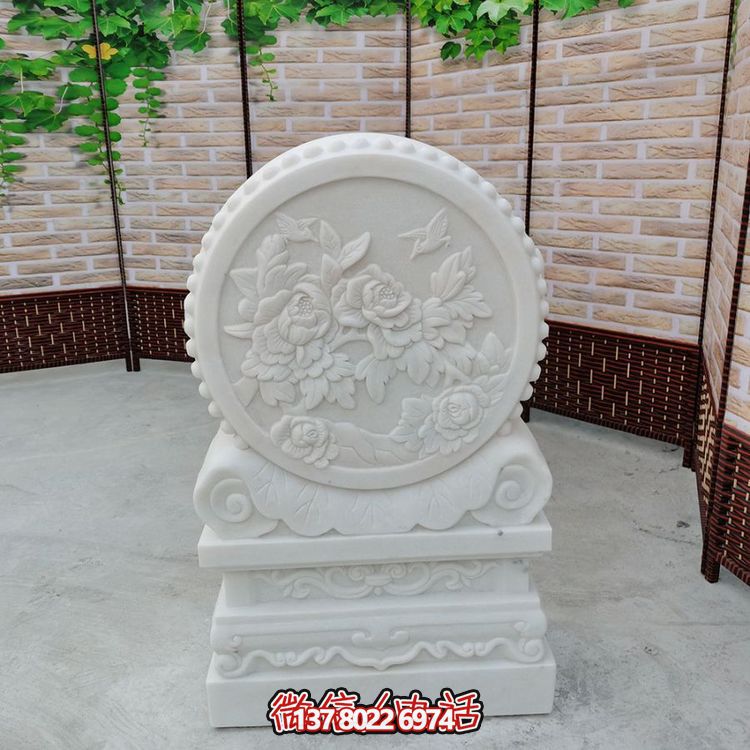 中式風(fēng)格天然漢白玉石雕抱鼓浮雕門墩，花開(kāi)富貴