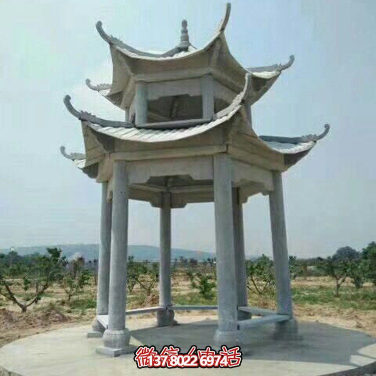 精美仿古建筑二層砂巖大理石涼亭，休閑擺放公園中