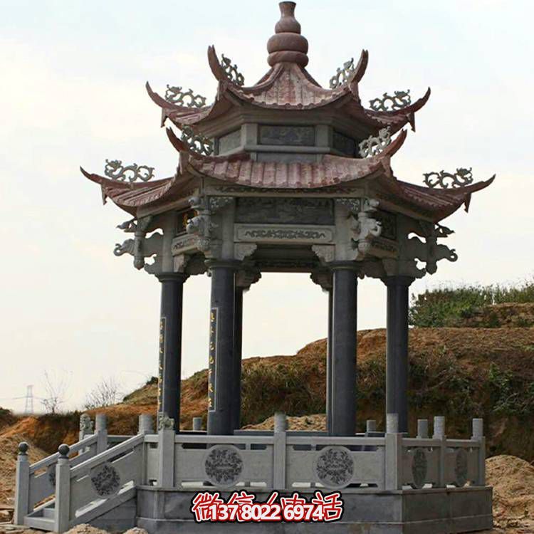 古典風(fēng)格二層涼亭，青石雕刻仿古園林戶外擺放