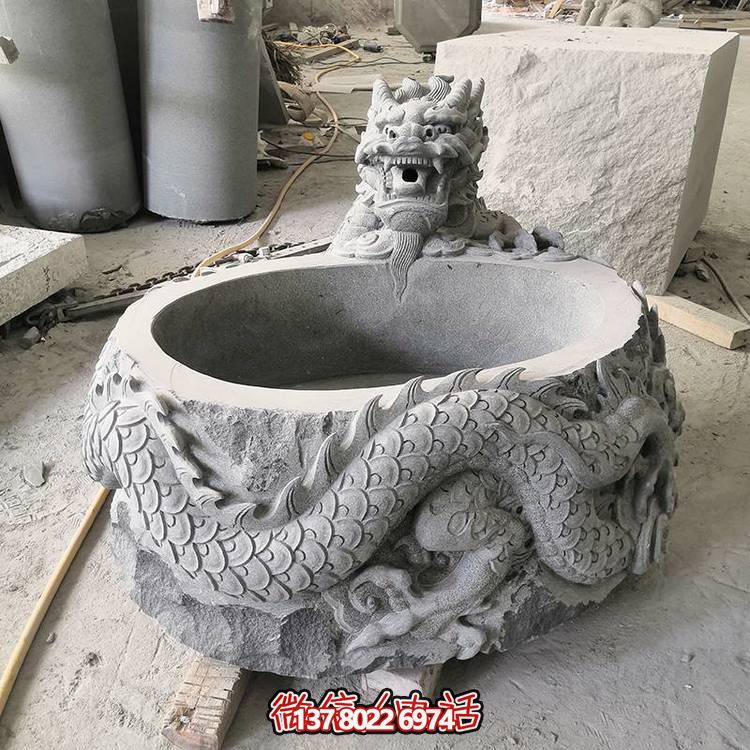 仿古石缸水缸青石龍形浮雕雕塑，為您的庭院增添一抹古樸