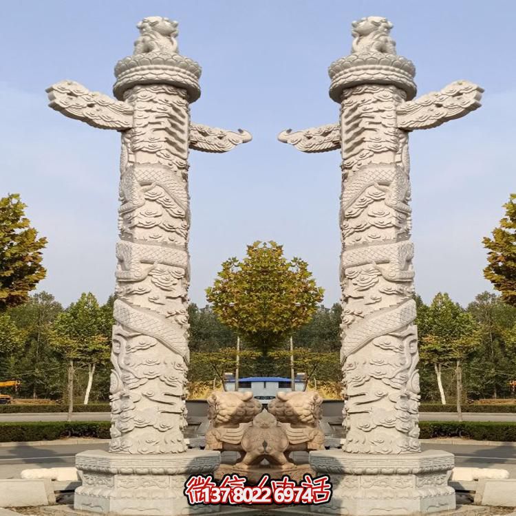 精美大理石手工雕刻龍紋華表雕塑，點(diǎn)綴廣場(chǎng)美景
