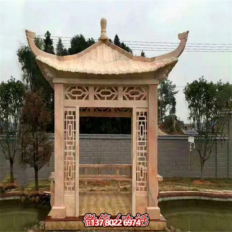 紅石雕鏤涼亭，晚霞中空中創(chuàng)意雕塑