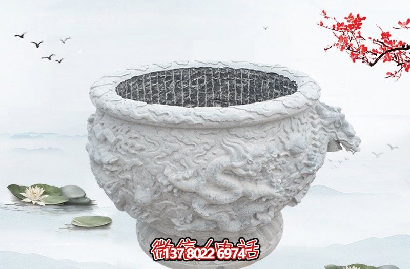 漢白玉石雕龍浮雕水缸雕塑，為庭院增添優(yōu)雅氣息
