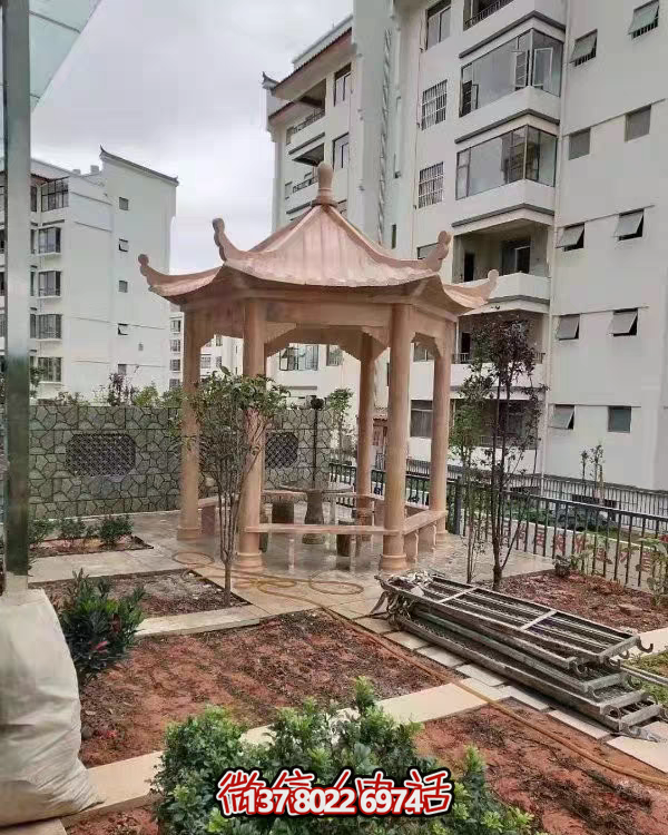 晚霞色石雕大理石涼亭，點(diǎn)綴園林美景