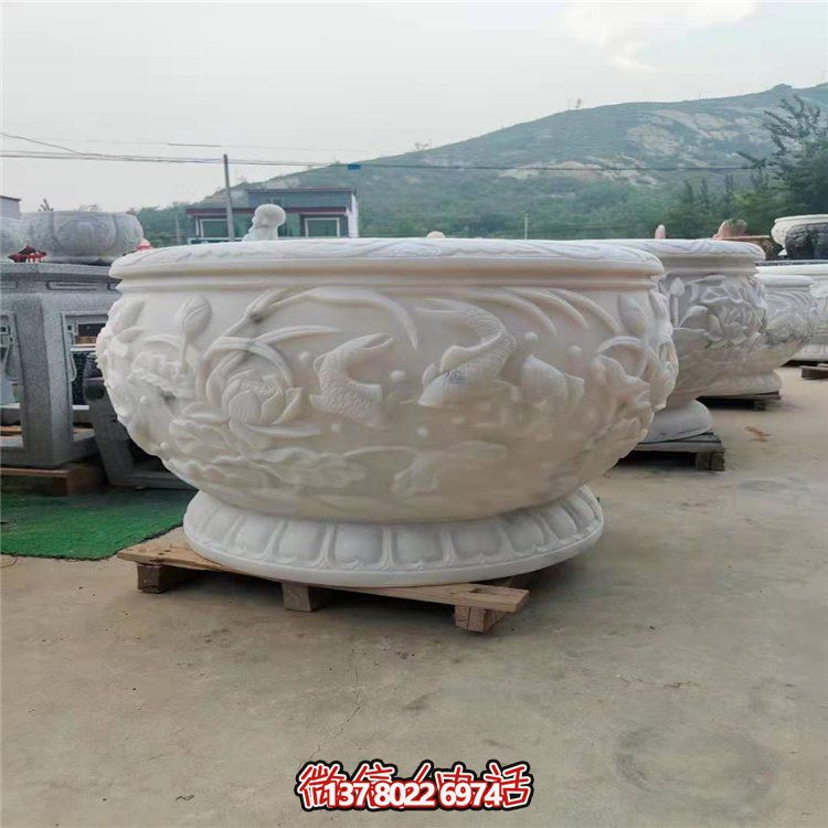 古典經(jīng)典，漢白玉鯉魚雕刻圓形水缸