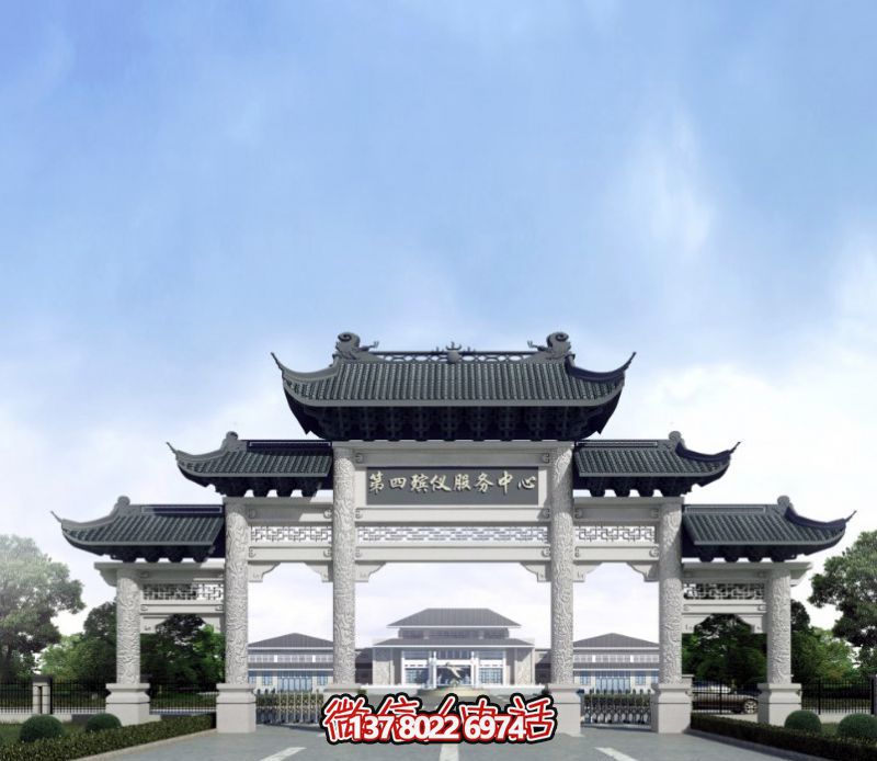 一座新式殯儀館五門景觀、青瓦斗拱、牌樓等高雅裝飾