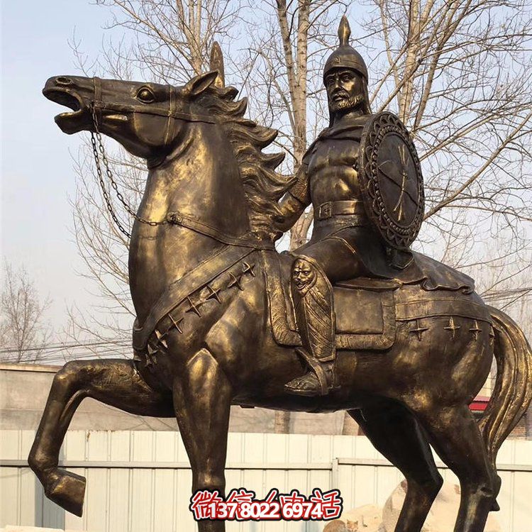 西方古代的騎馬士兵銅雕，手持盾牌騎馬身上的西方戰(zhàn)士